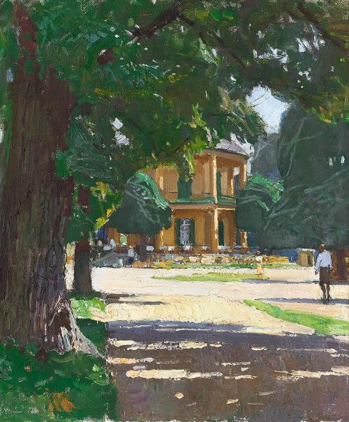 Carl Moll, Lusthaus im Prater, 1930 um, Öl auf Leinwand, 60 × 60 cm, Privatbesitz