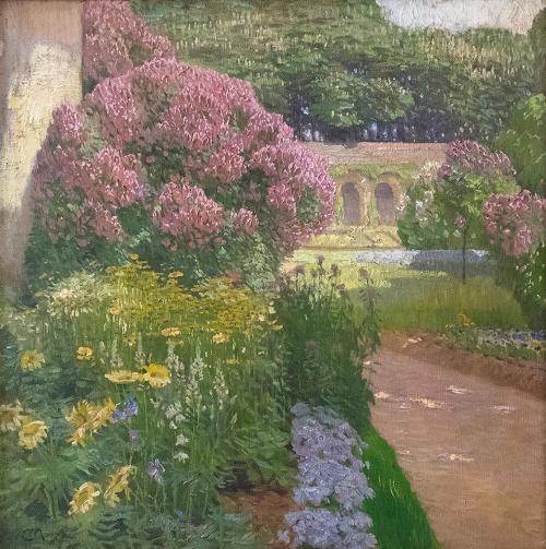 Carl Moll, Garten mit blühendem Flieder und Kastanien, 1902, Öl auf Leinwand, 57 × 57 cm, Priva ...