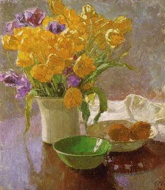 Carl Moll, Stillleben mit Tulpen und Zitronen, 1930, Öl auf Leinwand, 58,5 × 51 cm, Unbekannter ...