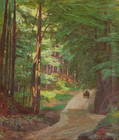 Carl Moll, Pferdekutsche am Kreuzberg bei Payerbach, 1942 um, Öl auf Leinwand, 71 × 61 cm