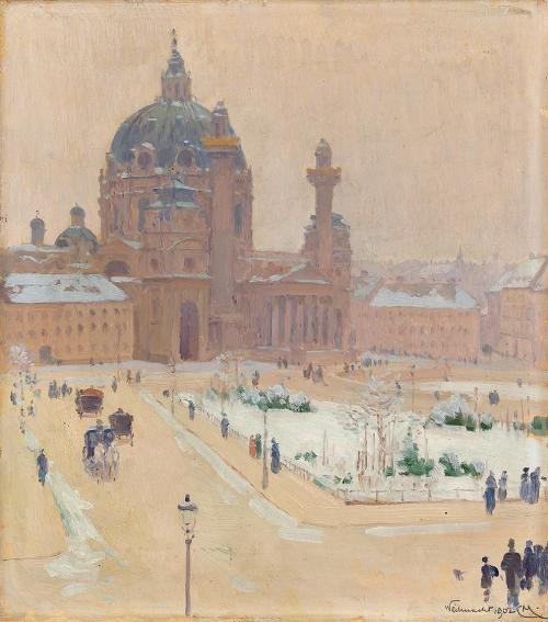 Carl Moll, Karlskirche im Winter, 1902, Öl auf Holz, 30 × 26 cm, Privatbesitz, Österreich