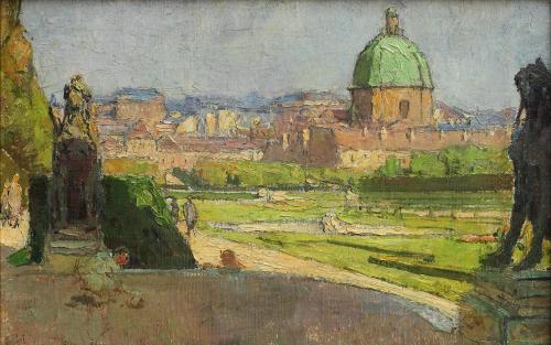 Carl Moll, Blick auf das Untere Belvedere mit Salesianerkirche, 1931, Öl auf Leinwand, 39,4 × 6 ...