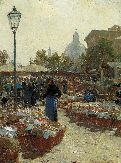 Carl Moll, Szene am Naschmarkt in Wien, 1894, Öl auf Holz, 35 x 26 cm, Privatbesitz