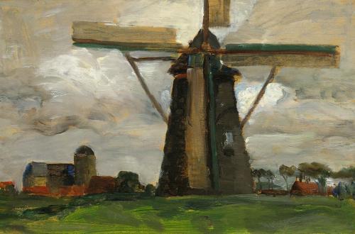 Tina Blau, Mühle in Veere, 1906, Öl auf Holz, 17,8 × 27,5 cm, Kovacek Spiegelgasse, Wien