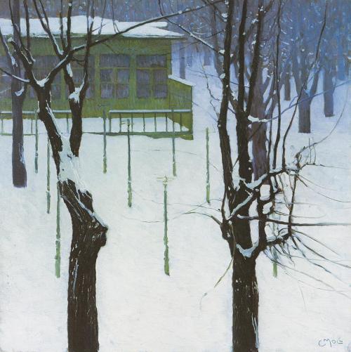 Carl Moll, Blick in den verschneiten Park, 1906, Öl auf Leinwand, 60 × 60 cm, Unbekannter Besit ...