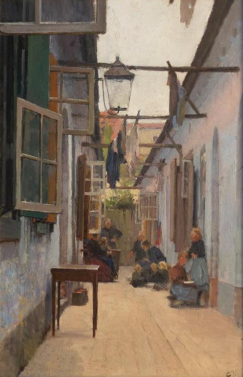 Carl Moll, Hinterhof mit Frauen und Kindern, 1892 um, Öl auf Holz, 33 × 21,5 cm, Privatbesitz W ...