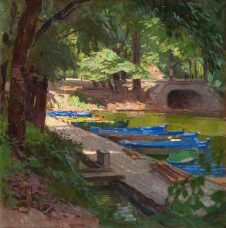 Carl Moll, Prater, Heustadlwasser, 1931, Öl auf Leinwand, 60,5 × 60,5 cm, Privatbesitz