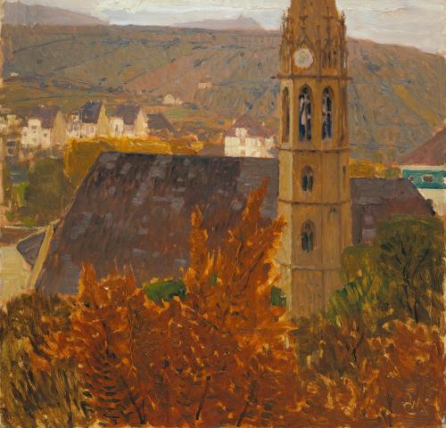 Carl Moll, Blick aus dem Atelier auf St. Michael in Heiligenstadt, 1913, Öl auf Holz, 34,3 x 35 ...