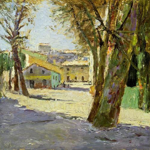 Carl Moll, Landschaft in Cagnes–sur–mer, 1934, Öl auf Holz, 60 × 60 cm, Privatbesitz Österreich