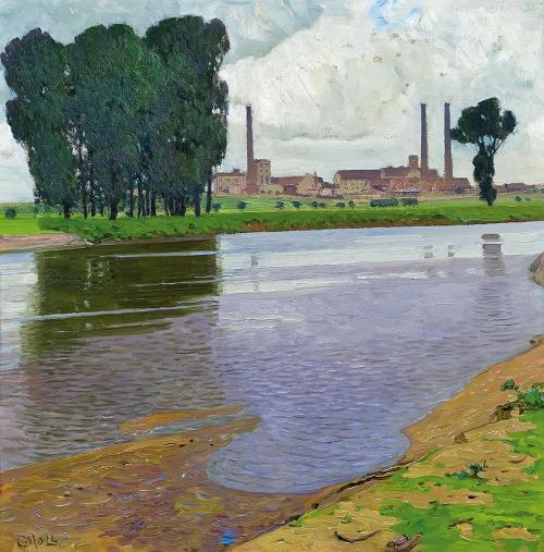 Carl Moll, Marchlandschaft und Fabrik in Göding / Hodonín, 1900 um, Öl auf Leinwand, 60 × 60 cm ...