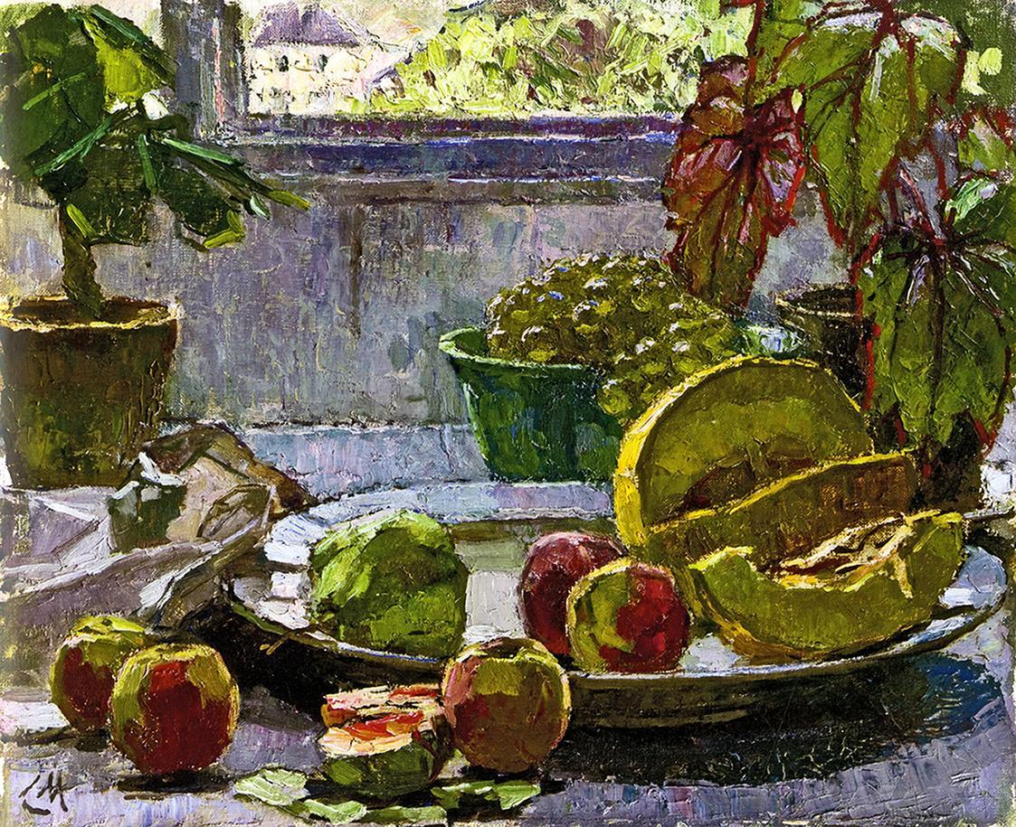 Carl Moll, Stillleben mit Melone, 1930 um, Öl auf Leinwand, 60 × 60 cm, Privatbesitz