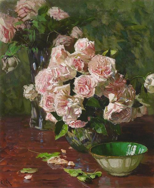 Carl Moll, Weiße Rosen II, 1925 um, Öl auf Holz, 60 × 49,8 cm, Galerie Kovacek Wien