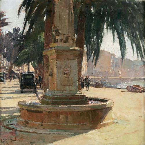 Carl Moll, Brunnenobelisk am Kai von Sanary–sur–mer, 1933, Öl auf Leinwand, 60,5 × 60,5 cm, Obe ...