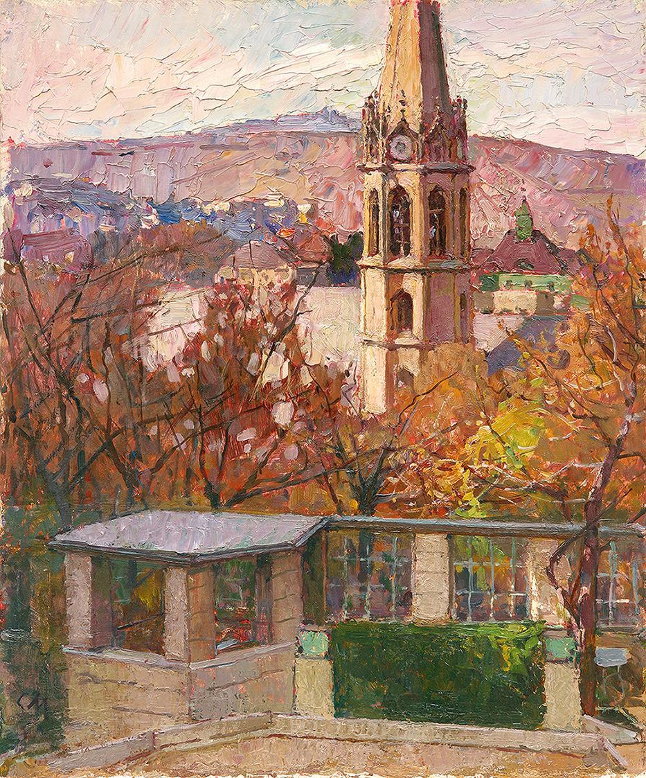 Carl Moll, Blick auf St. Michael in Heiligenstadt, 1940 um, Öl auf Holz, 60 × 49,5 cm, Privatbe ...