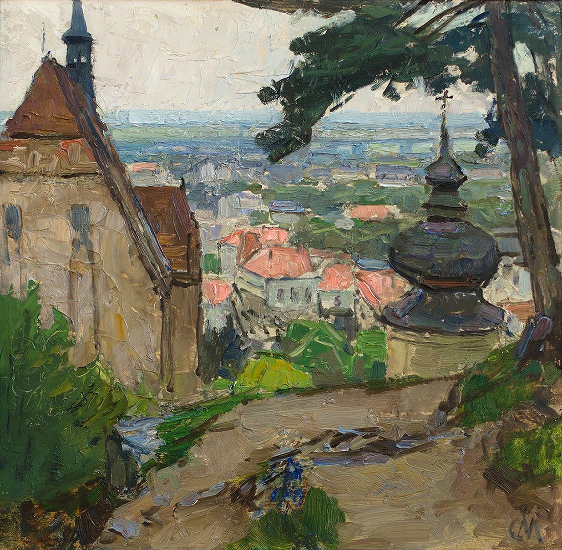 Carl Moll, Blick über Mödling, 1942 um, Öl auf Holz, 35 × 35 cm, Privatbesitz Niederösterreich