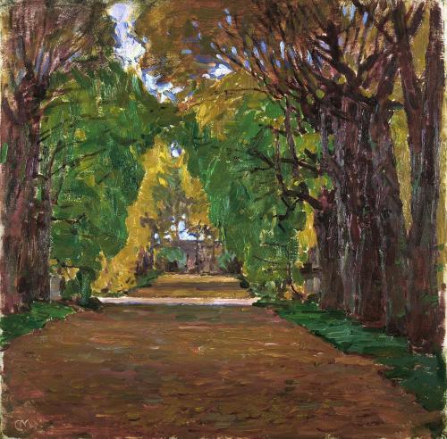 Carl Moll, Motiv aus dem Schlosspark in Jevišovice/ Jaispitz, 1921 um, Öl auf Holz, 35 × 35,5 c ...