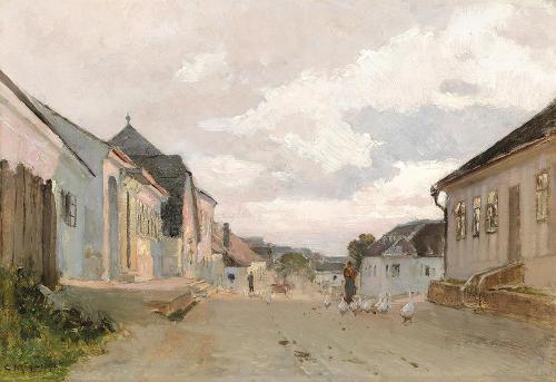 Carl Moll, Dorfstraße in Schiltern, Niederösterreich, 1892, Öl auf Holz, 25 × 38 cm, Privatbesi ...