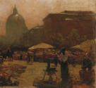 Carl Moll, Wiener Naschmarkt mit Karlskirche, 1894, Öl auf Leinwand, 56 × 83 cm, LENTOS Kunstmu ...