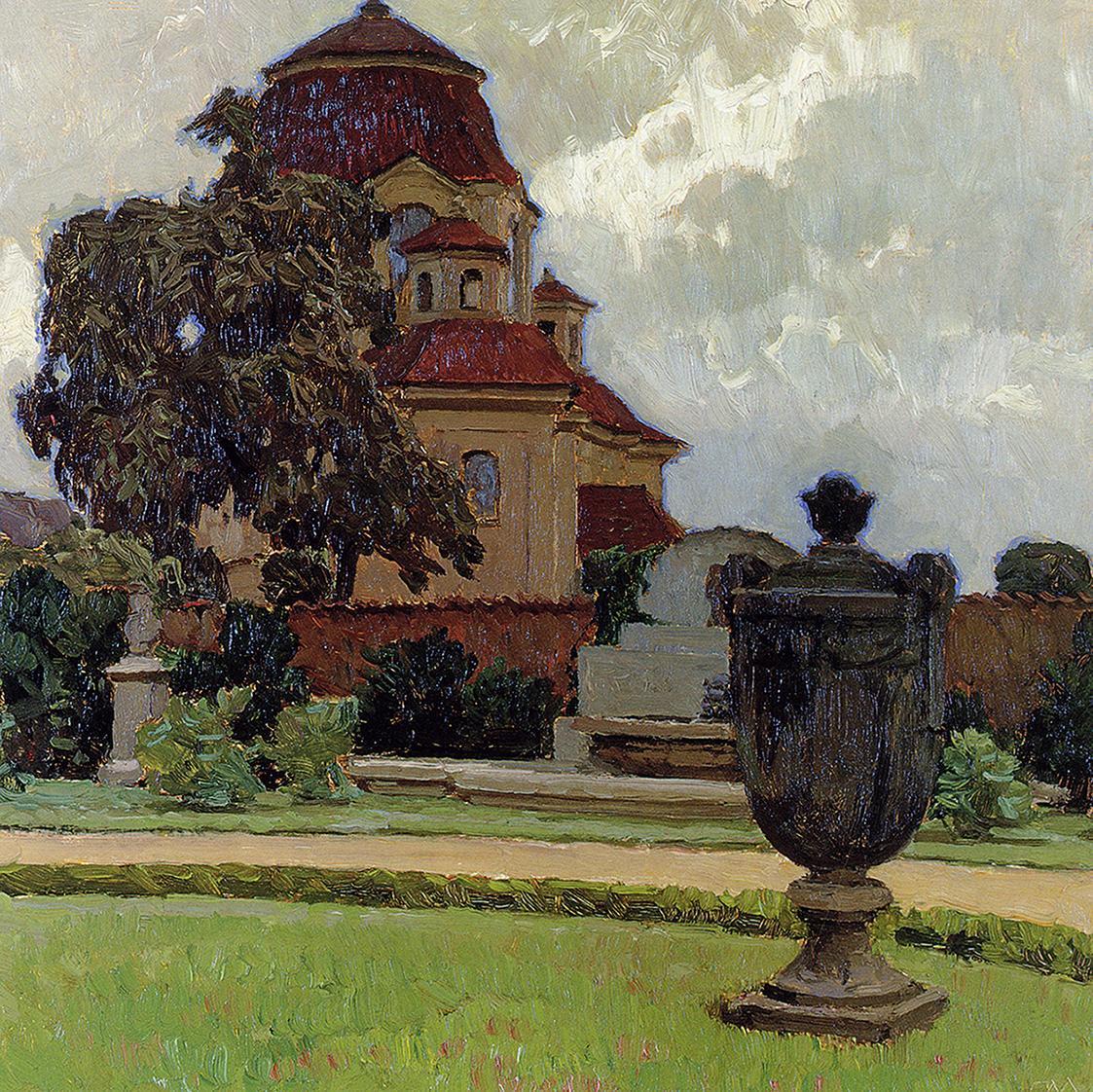 Carl Moll, Park mit der Kapelle der Hl. Anna  in Jungfern–Brezan / Panenské Břežany, 1924 um, Ö ...