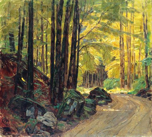 Carl Moll, Waldstraße bei Scharfling, 1924 um, Öl auf Leinwand auf Holz, 74,3 × 81,2 cm, Museum ...