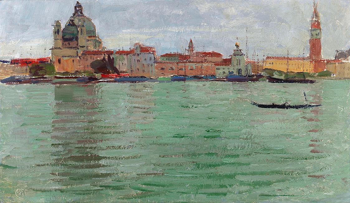 Carl Moll, Blick von der Giudecca auf die Kirche Santa Maria della Salute in Venedig, 1922, Öl  ...