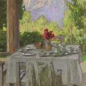 Carl Moll, Frühstückstisch mit Blick in die Berge, 1938 um, Öl auf Leinwand, 54,5 × 54,5 cm, Sa ...