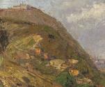 Carl Moll, Blick auf den Leopoldsberg und Donau bei Klosterneuburg, 1933, Öl auf Leinwand, 50 × ...