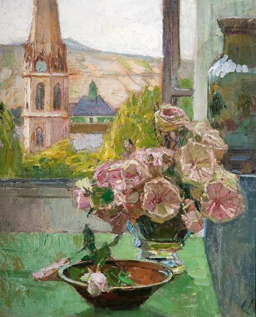 Carl Moll, St. Michael in Heiligenstadt mit Blumenstillleben, 1930 um, Öl auf Leinwand, 60 x 51 ...