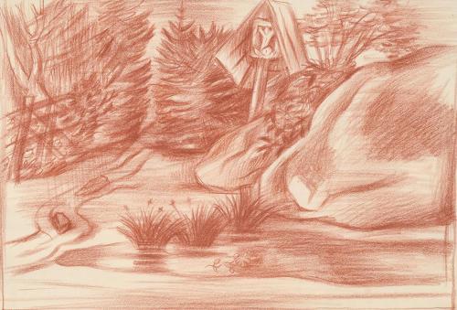 Alfred Wickenburg, Bildstock in einer Landschaft, 1938/1940, Rötel auf Papier, Blattmaße: 23,7  ...
