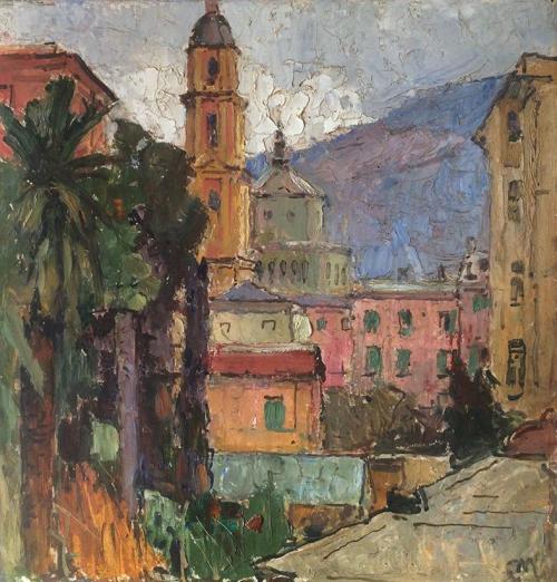 Carl Moll, Rapallo, Dom, 1932, Öl auf Holz, 34,5 × 34,5 cm, Privatbesitz, Hamburg
