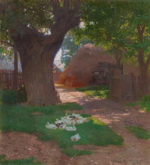 Carl Moll, Bauernhof im Marchfeld, vor 1900, Öl auf Leinwand, doubliert, 75 × 68,5 cm, Privatbe ...