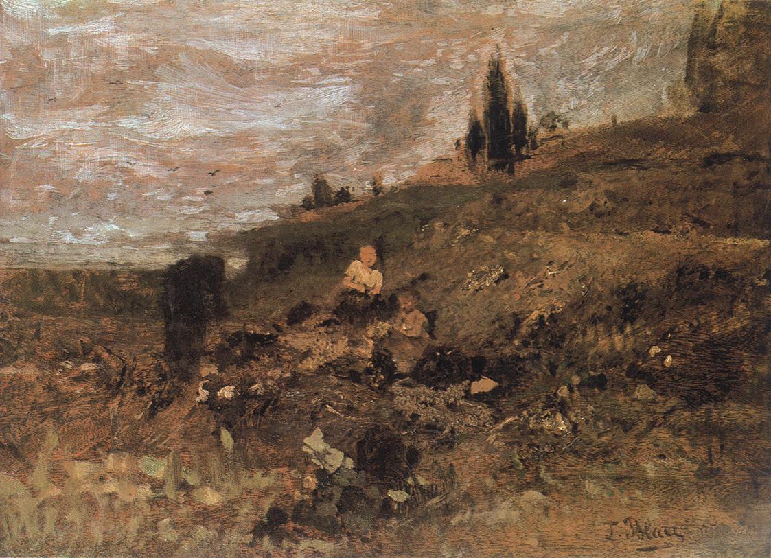 Tina Blau, Außer der Friedhofsmauer, um 1887, Öl auf Holz, 43 × 58 cm, unbekannter Verbleib