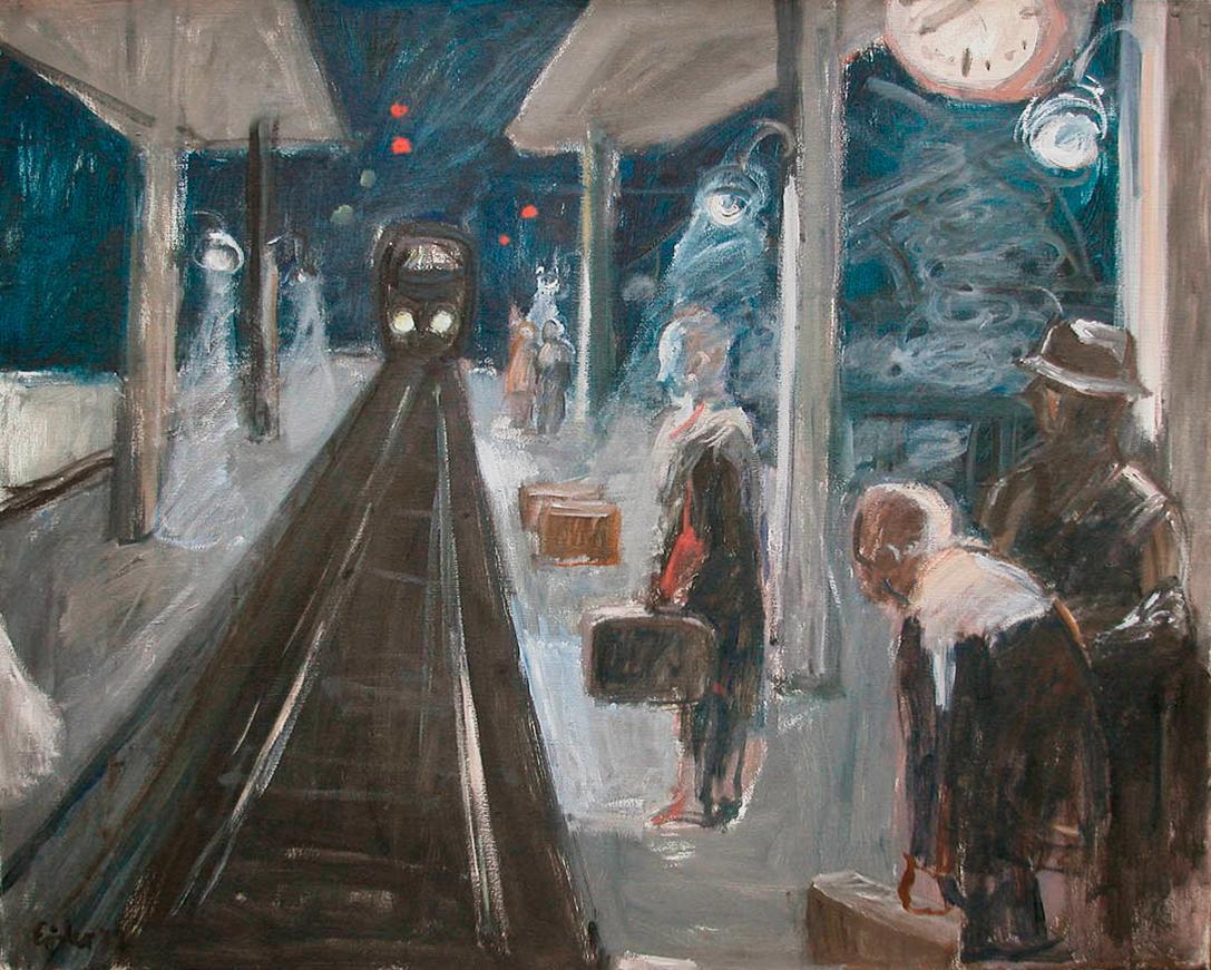 Georg Eisler, Bahnsteig, D., 1973, Öl auf Leinwand, 80 × 100 cm, Sammlung Leonhardt