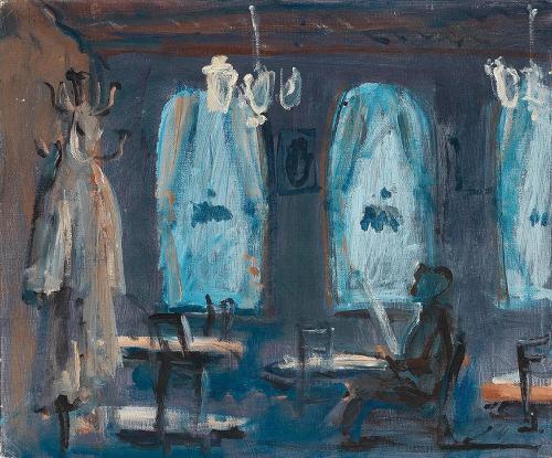 Georg Eisler, Café, 1984, Öl auf Leinwand auf Karton, 25 × 30 cm, Verbleib unbekannt