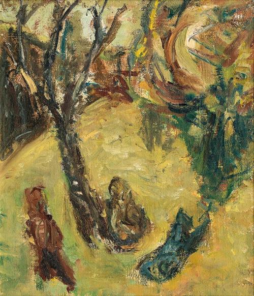 Georg Eisler, Figuren in einer Landschaft, 1960, Öl auf Leinwand, 34 × 29 cm, Verbleib unbekann ...