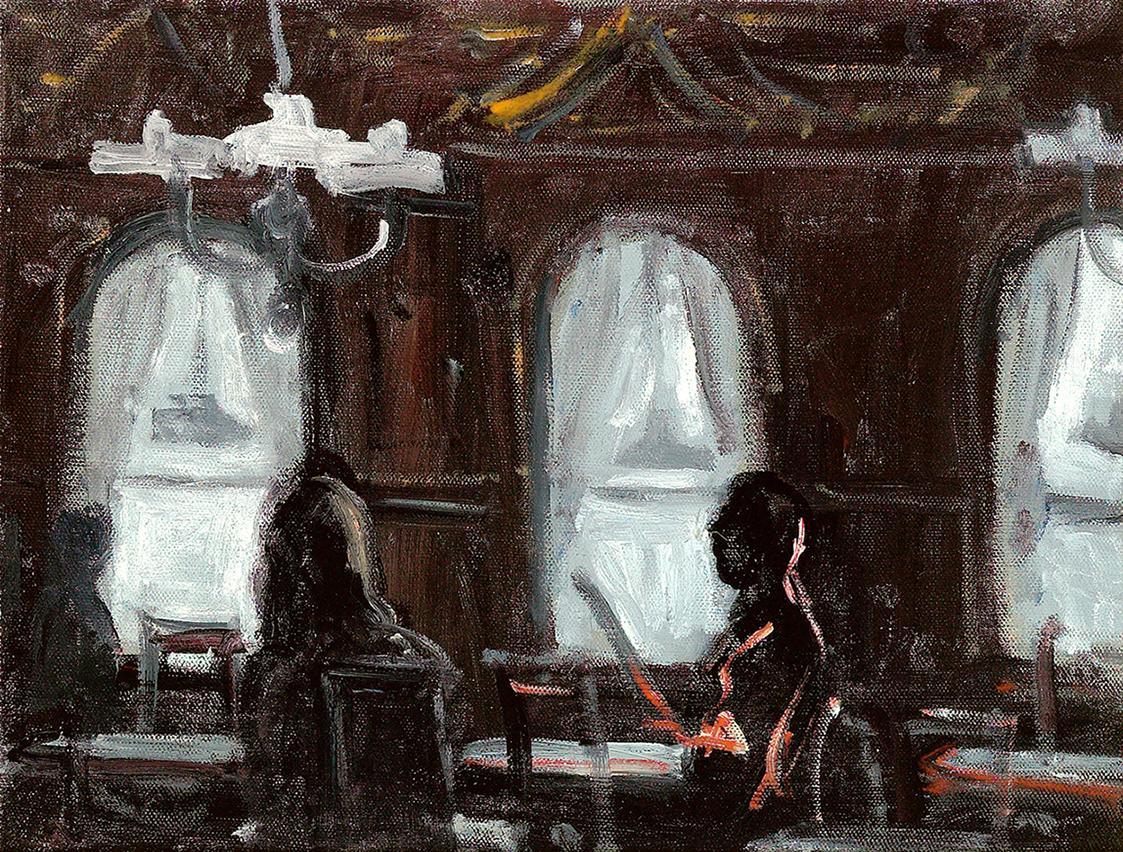 Georg Eisler, Café Sperl, 1975/1989, Öl auf Leinwand auf Karton, 27 × 35 cm, Verbleib unbekannt