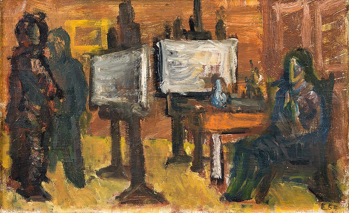 Georg Eisler, Besuch im Atelier, 1957, Öl auf Leinwand, 25 × 40 cm, Max Doppelbauer