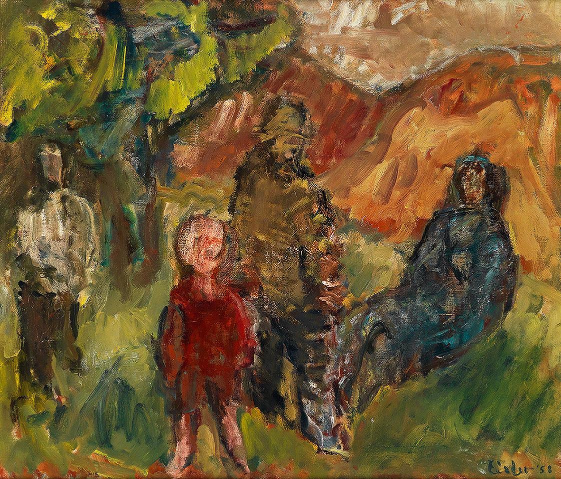 Georg Eisler, Familie in einer Landschaft, 1958, Öl auf Leinwand, 60 × 70 cm, Verbleib unbekann ...