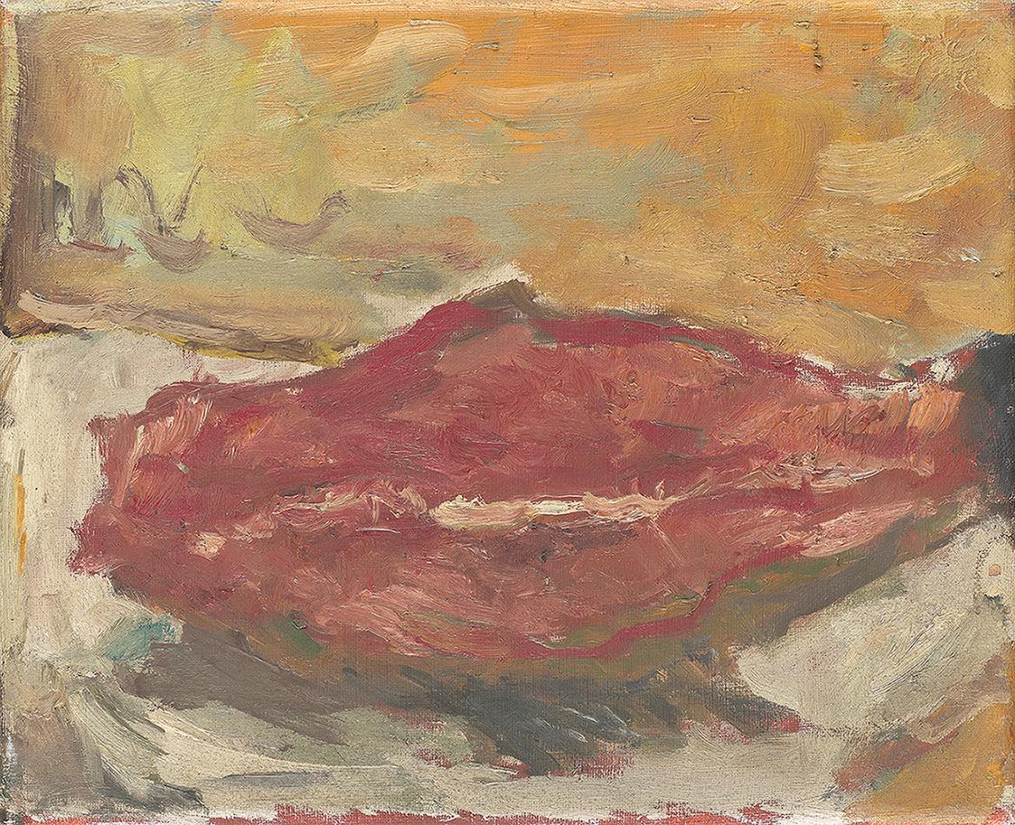 Georg Eisler, Stillleben mit halbem Karpfen, 1965, Öl auf Leinwand, 26 × 32,5 cm, Georg und Ali ...