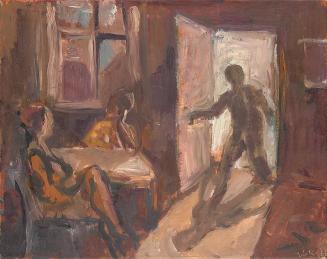 Georg Eisler, Interieur mit Eintretendem I, 1966, Öl auf Leinwand, 36,5 × 45,3 cm, Georg und Al ...