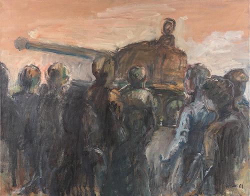 Georg Eisler, Straßenszene mit Panzer, 1968, Öl auf Leinwand, 75 × 95,3 cm, Georg und Alice Eis ...