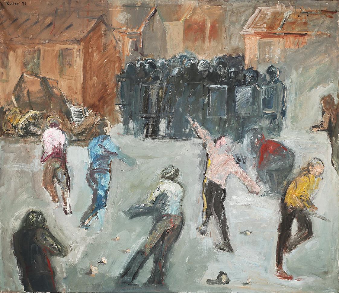 Georg Eisler, Straßenkampf (Belfast), 1971, Öl auf Leinwand, 131 × 150,3 cm, Neue Galerie Graz  ...