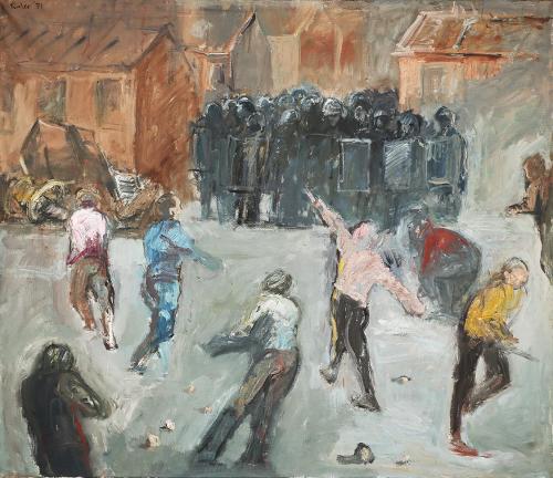 Georg Eisler, Straßenkampf (Belfast), 1971, Öl auf Leinwand, 131 × 150,3 cm, Neue Galerie Graz  ...