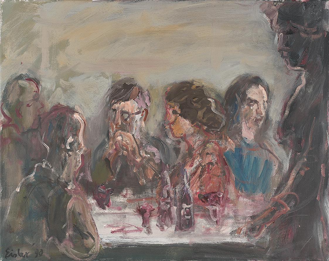 Georg Eisler, Supper in Hampstead II, 1990, Öl auf Leinwand, 35 × 45 cm, Sammlung Konrad, Wien