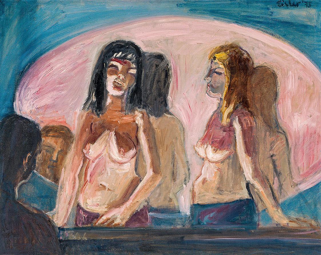 Georg Eisler, Topless-Bar, 1975, Öl auf Leinwand, 80 × 100 cm, Verbleib unbekannt