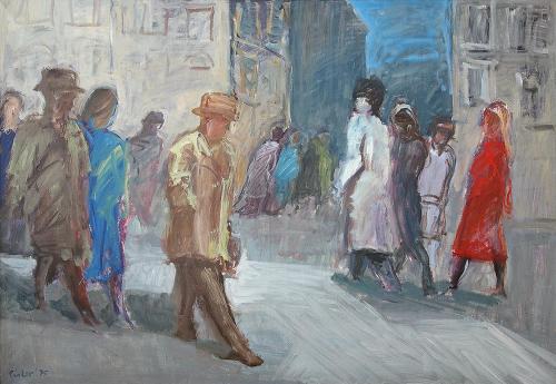 Georg Eisler, Fußgeher, 1975, Öl auf Leinwand, 100 × 140 cm, Verbleib unbekannt