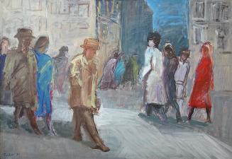 Georg Eisler, Fußgeher, 1975, Öl auf Leinwand, 100 × 140 cm, Verbleib unbekannt