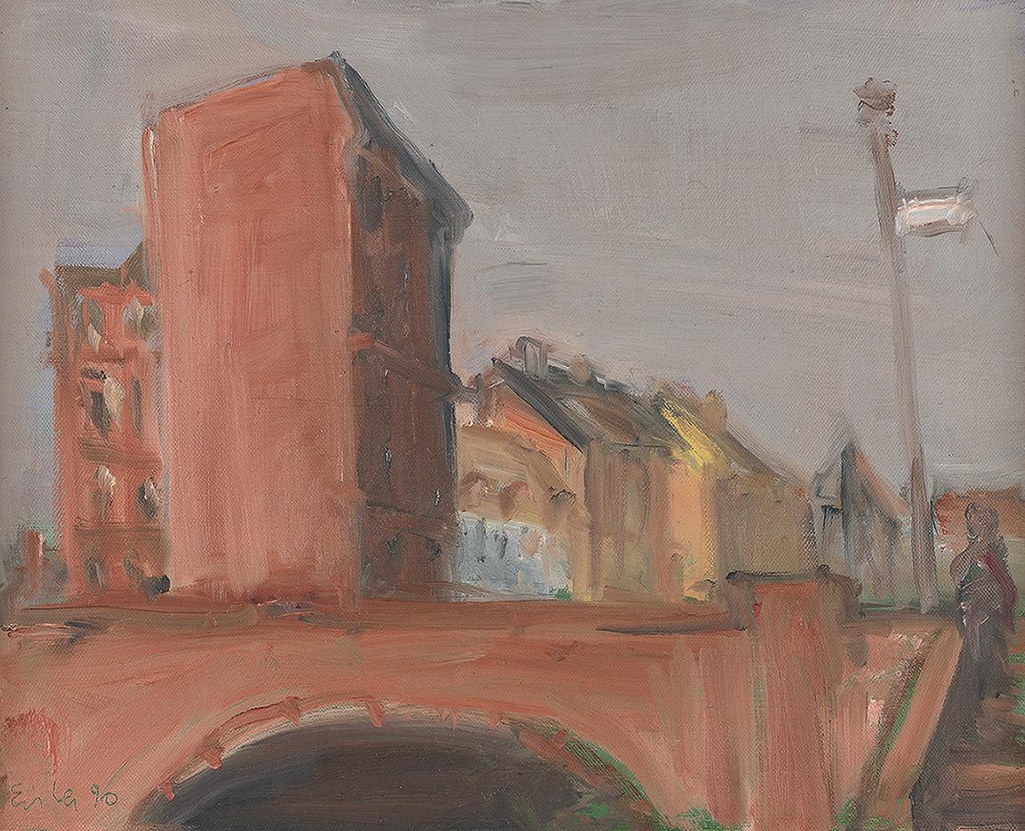 Georg Eisler, Berlin bei der Museumsinsel, 1990, Öl auf Leinwand, 22 × 27 cm, Georg und Alice E ...