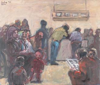 Georg Eisler, Berlin: Ausländermeldeamt, 1987, Öl auf Leinwand, 60 × 70 cm, Georg und Alice Eis ...