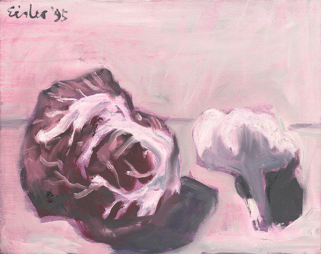 Georg Eisler, Stillleben mit Radicchio und Knoblauch, 1995, Öl auf Leinwand, 36 × 45 cm, Georg  ...